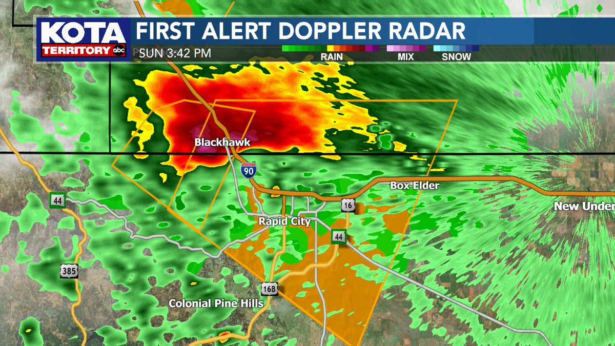 KOTAWeather's tweet image. A SEVERE THUNDERSTORM WARNING is in effect for Meade &amp;amp; Pennington counties until 4:30PM. Wind gusts up to 60 mph &amp;amp; ping pong ball sized hail are likely with this storm. AREAS IMPACTED INCLUDE: Black Hawk, Rapid City, Rapid Valley, Box Elder &amp;amp; Ellsworth AFB. #sdwx #KOTAWeather