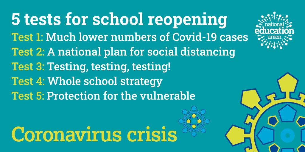 The NEU has #FiveTests for reopening schools.
Schools should only reopen when it is safe to do so.
The safety of children, their families and staff in schools should be more important than the economy. Do you agree? 
#StayHome
#day38oflockdown
#LOCKDOWN2020 <a href="/OxfordshireCC/">Oxfordshire County Council</a>
