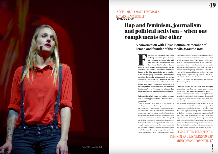 EloiseBouton's tweet photo. 👀✨Merci au magazine britannique @cadencesite pour cette #interview sur @madame_rap, #féminisme et journalisme ! https://t.co/54322dMcdz https://t.co/BVb4J5Ddj8