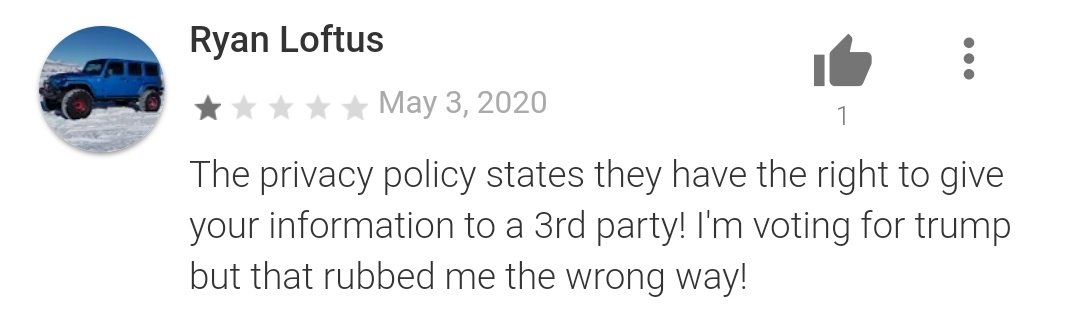 17/ App Statistics:1. Both with rating = 3.82. Google Play ratings = 3.6K3. Apple Store ratings = 2.2K4. Google Play downloads = 100K+5. Apple Store downloads = N/A6. Ratings indicate most use AndroidMost 1 or 5 ratings, showing  #Trump division. Reviews concerning.