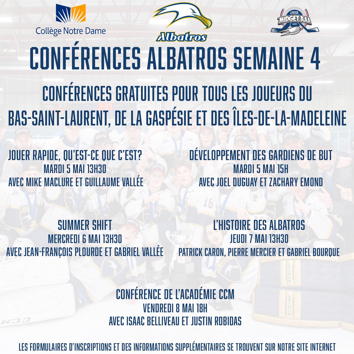 AlbatrosCND's tweet photo. Voici l’horaire des conférences de cette semaine! 

Les formulaires d’inscription seront bientôt disponibles sur notre site internet.

Au plaisir de vous y voir! #WeTheEast https://t.co/SIu5RZaMPD
