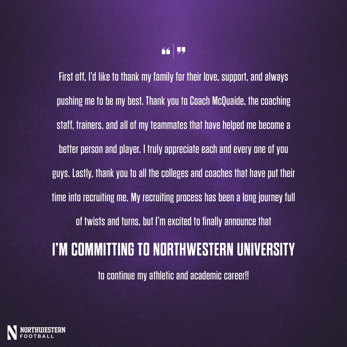 Go wildcats!! 🟣⚪️<a href="/coachfitz51/">Pat Fitzgerald</a> <a href="/DLCoachLong/">Coach Marty Long</a> <a href="/NUFBRecruiting/">NUFB Recruiting</a> <a href="/NUFBFamily/">Northwestern Football</a>