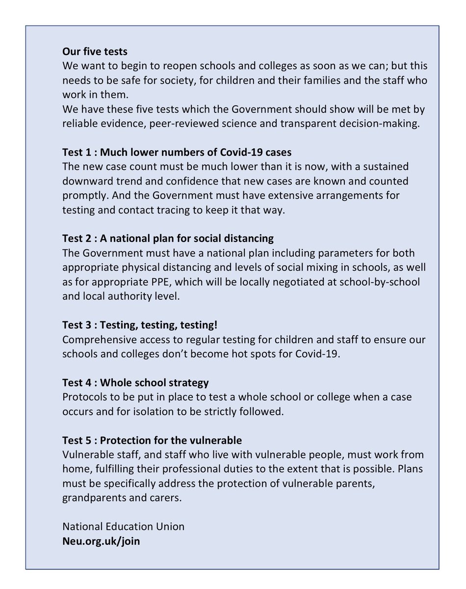 The government must meet <a href="/NEUnion/">National Education Union</a> #fivetests before they consider fully reopening schools.