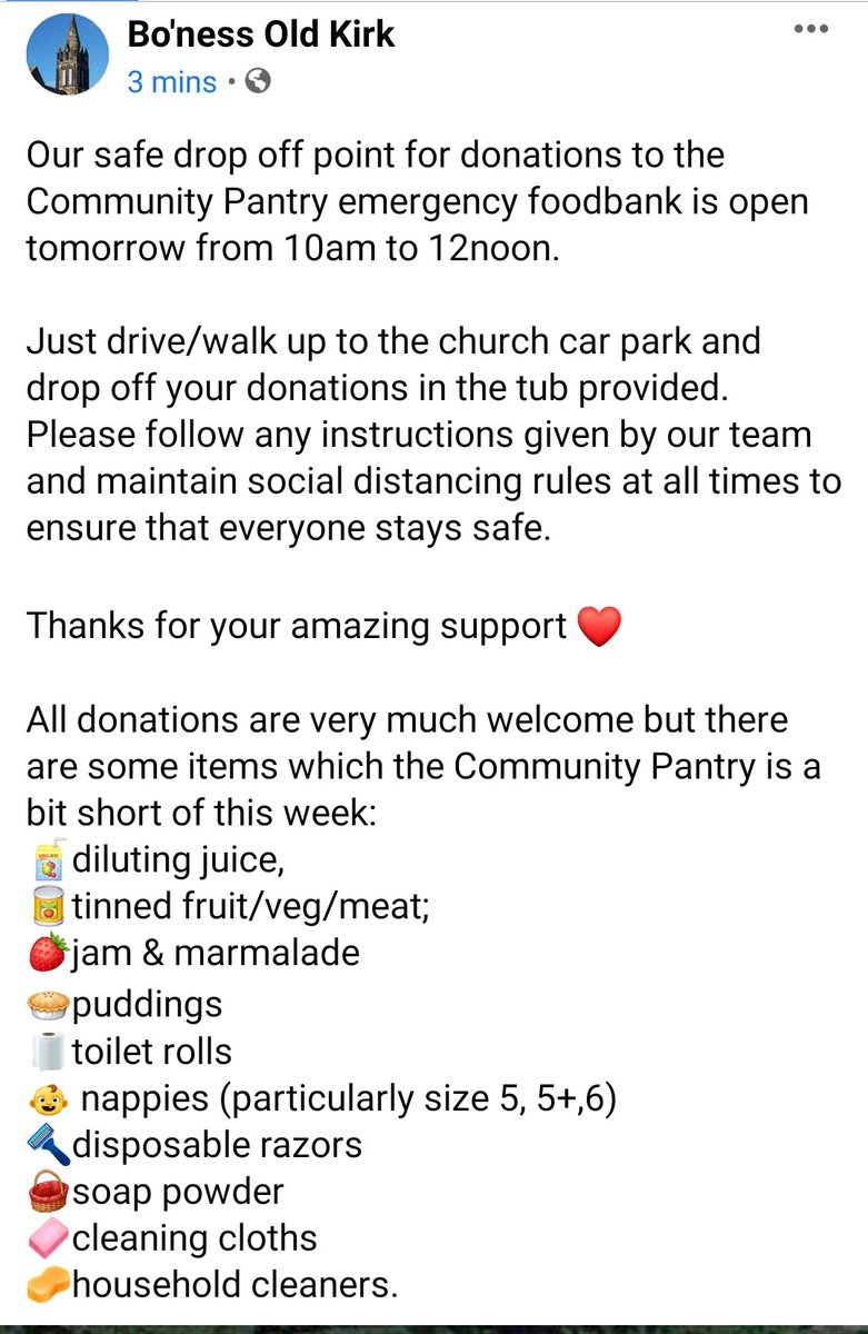 If you would like to help support the Community Pantry, emergency food bank, donations will greatly be recieved tomorrow (Monday) from 10am until 12 noon. Please see below. Thank you 👍🌈 @bonessoldkirk
