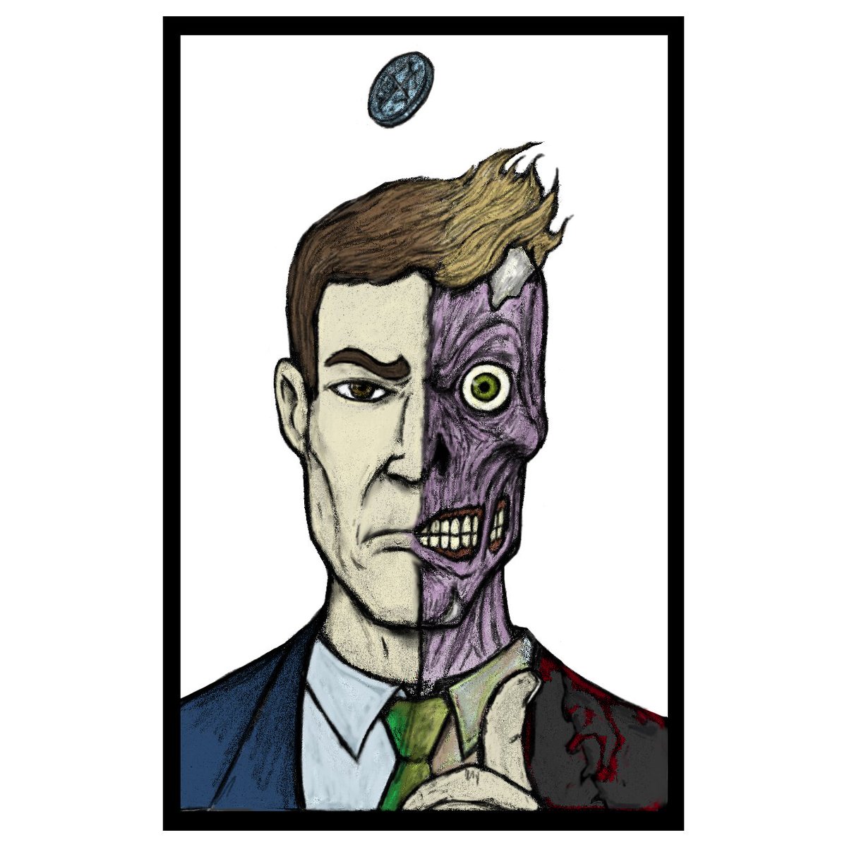 RobWhelehan's tweet photo. Started doing the 6 Fan Arts. Figured I’d share the 1st one I am almost done with. Might do more, but starting with one of most of the comic book character suggestions. Kind of blended several versions of Two-Face. #twoface #batmanrogues #dccomics #batmanroguesgallery #dctwoface https://t.co/KhCzkx94Va