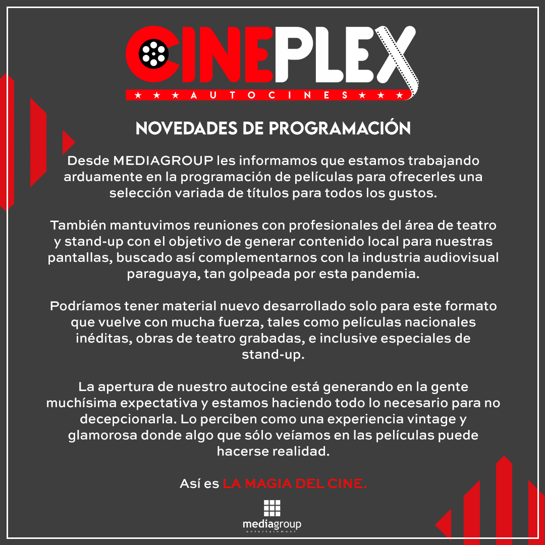 CineplexAuto's tweet photo. Les compartimos novedades sobre programación de películas y otras actividades en nuestro próximo #CineplexAutocines. 🚗📽 https://t.co/yItWSTwOPS