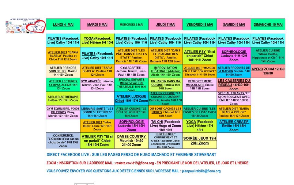 Flonaorg's tweet photo. Planning des activités du réseau Flona de la semaine du 4 au 10 mai.
Pour toutes informations complémentaires, vous pouvez nous contacter sur resiste.covid19@flona.org
#covid19
#obesite https://t.co/cHVGhdiFMD