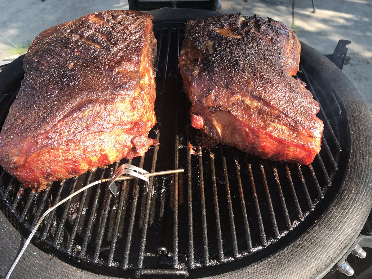 lmrobins's tweet photo. The scene at my house this morning at 9am after an overnight cook of these 2 9 lb boston butts. Lunch was awesome! I used the @kamadojoe ikamand to control this cook.

#kamadojoe #bbq #nosauceneeded #bostonbutt #ncbbq #easternncbbq #ikamand #lowandslow #smokedbbq #bbqsmoker https://t.co/sx6T2RXG7A