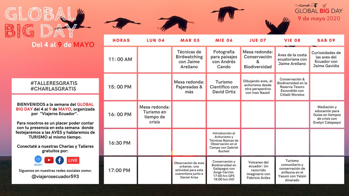 viajerosec593's tweet photo. 🇪🇨🐦 AMIG@S NO SE PIERDAN! del gran evento GLOBAL BIG DAY del 4 al 9 de MAYO junto a Viajeros Ecuador, desde sus  #TalleresGratuitos #MesasRedondas #Concursos #Entrevistas &amp; mucho más!
•
⚠️ POR AQUÍ! Te Dejamos nuestro calendario con los días y horas del evento😎 https://t.co/Hf5TDIHRLz