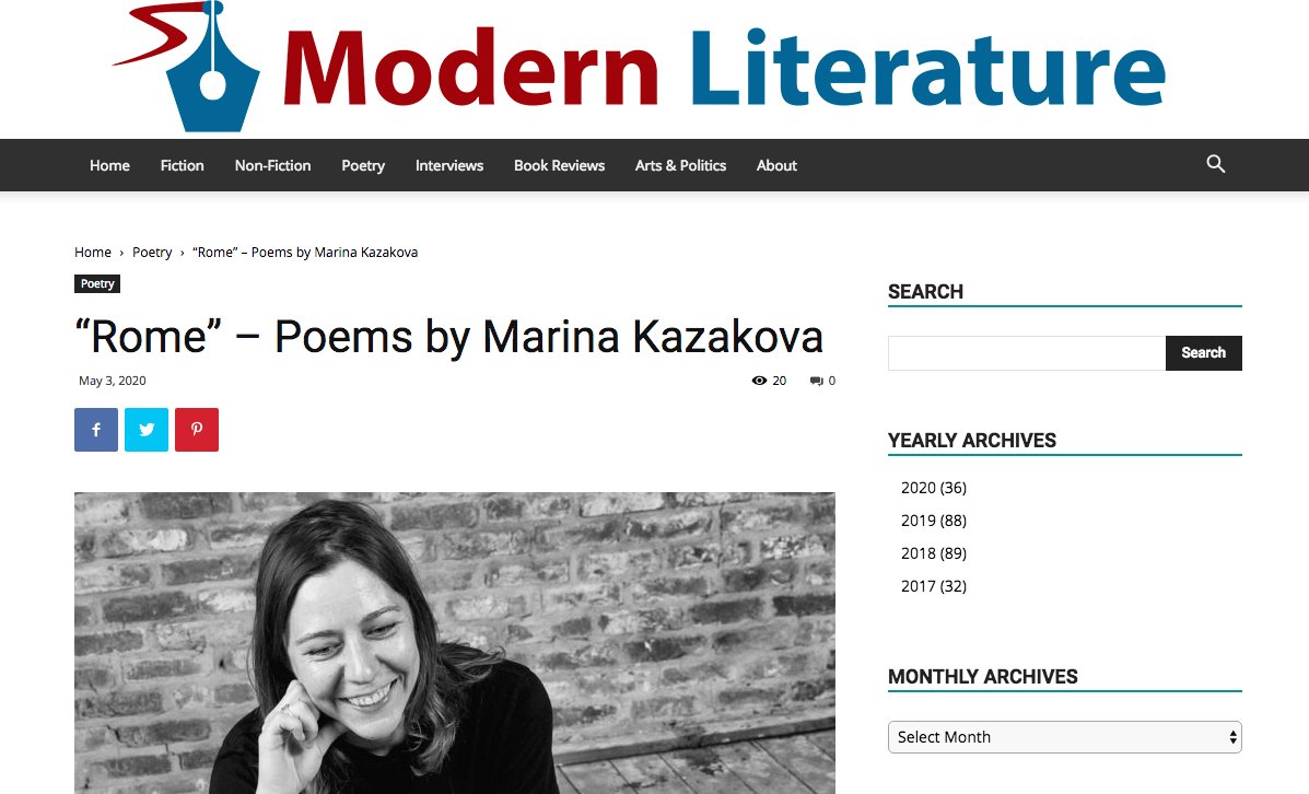 GoodNews from the Bay of Bengal! A series of my Rome poems is published in an international magazine #ModernLiterature based in Chennai, India. 
Thanks to #RajeshSubramanian, a literary critic, translator and the editor of the magazine, for the trust! 
modernliterature.org/2020/05/03/rom…