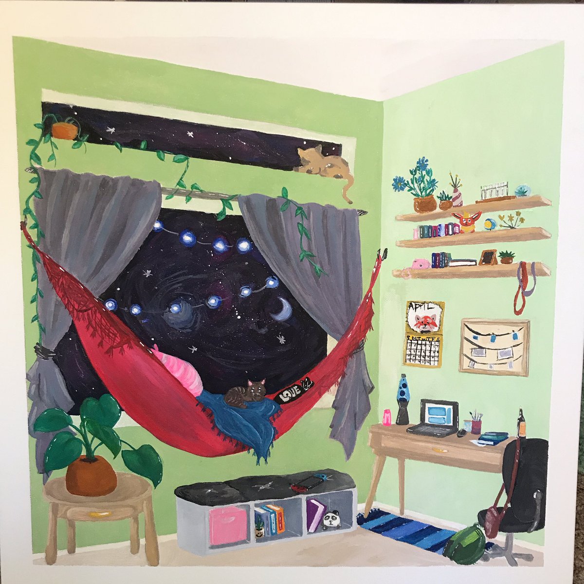 Amanda_Wymer's tweet photo. Finished room painting! Took a while! I’m so glad it turned out I’ll be hanging this one up on my wall! ♥️
#room #painting #roompainting #animeroom #gouachepainting #gouacheoncanvas #spacewindow #cats #desk #hammock #olivegreen #architecture #loveit #quarantineartclub #roomdec https://t.co/cop9CIIABZ