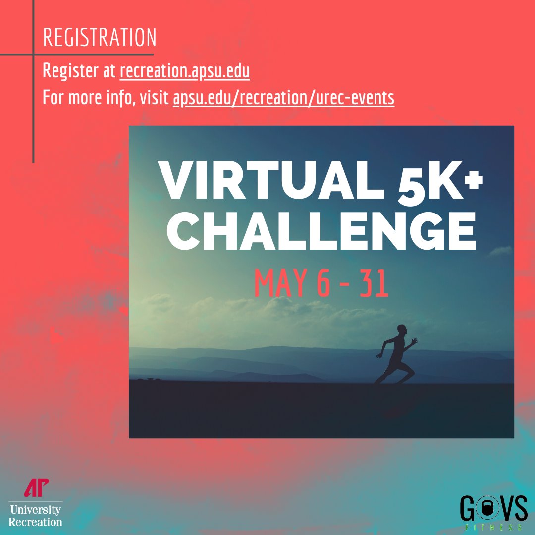 APSUFoyCenter's tweet photo. Have you been looking for a new challenge? Need some motivation to get outside? The Virtual 5k+ starts Wednesday! Choose your distance, from 5k to Ultra Marathon, and complete your miles by May 31. Check out the link in our bio for more details. #apsu #fitgovs #walkjogrun https://t.co/MLUFnmDHMQ