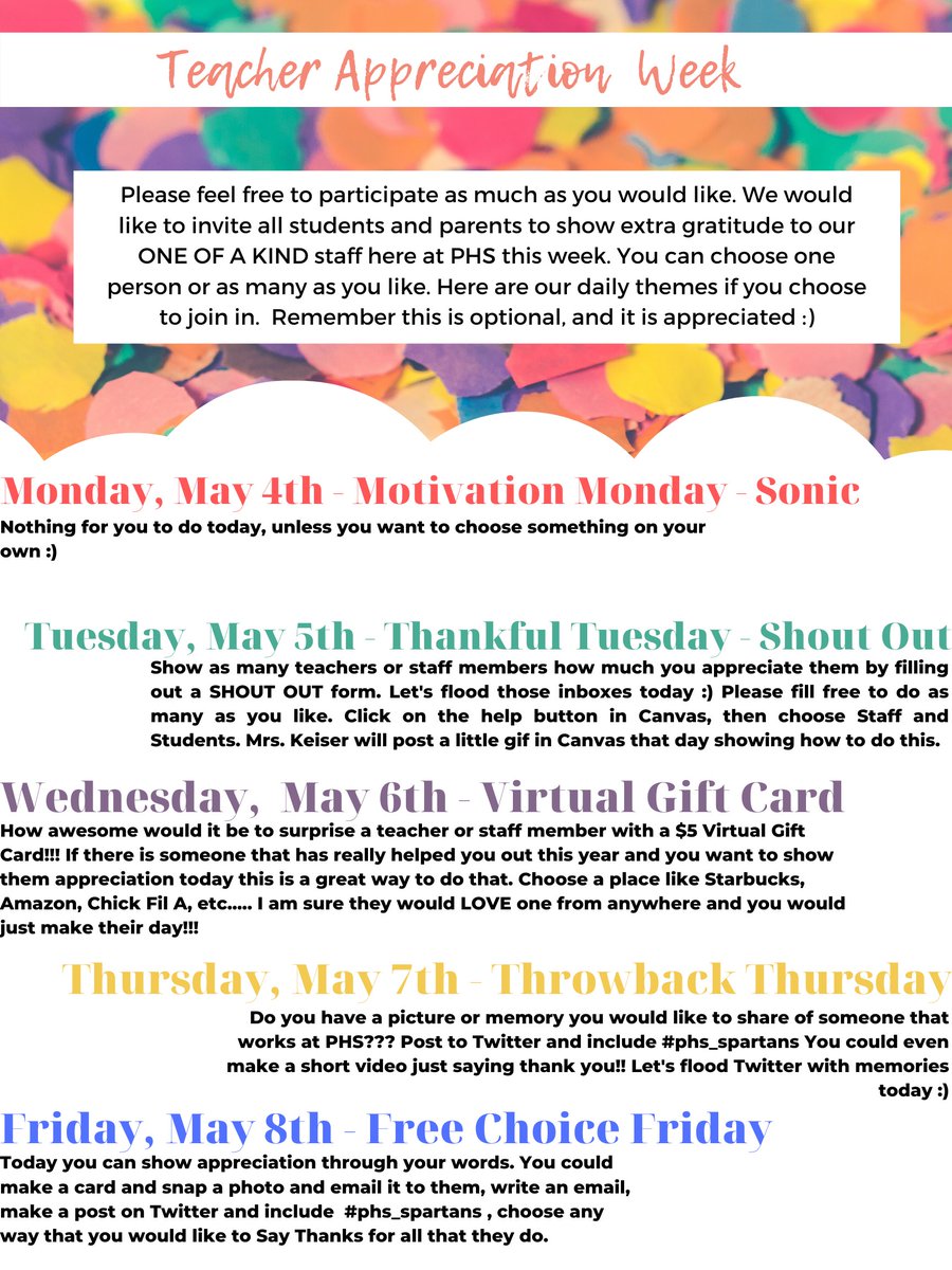 PorterSpartans's tweet photo. Please feel free to participate as much as you would like in this week's Teacher Appreciation Week activities.
Thank you to @phs_tafe and @PorterHSStuCo for organizing our first virtual teacher appreciation event.
#phsfocus2020 #ncisd https://t.co/LLyViscIAq