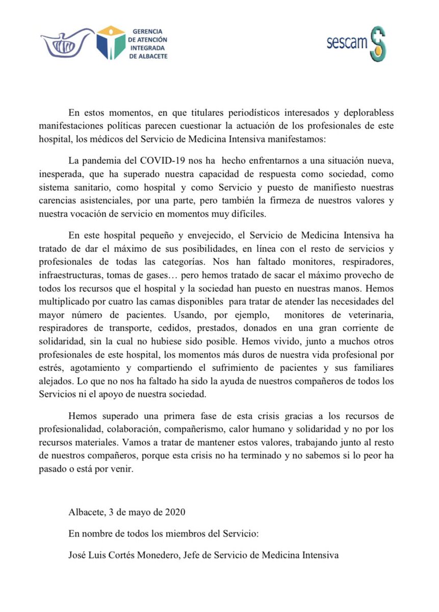 Comunicado oficial de todo el equipo de Medicina Intensiva del Hospital General de Albacete. Agradecemos difusión.