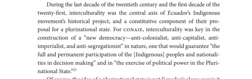 "interculturality was key in the construction of a “new democracyanti-colonialist, anti-capitalist, anti-imperialist, and anti-segregationist” .. that would guarantee “the full and permanent participation of the [Indigenous] peoples and nationalities in decision making”