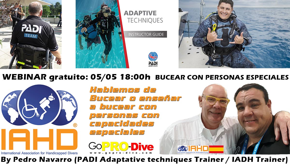 GoPro_Dive's tweet photo. Webinar : Bucear y enseñar a Personas con Capacidades Especiales

Nuestro objetivo es permitir que las personas con discapacidad disfruten en igualdad de condiciones de los programas de entrenamiento (de buceo) (By Pedro Navarro: Trainer de IAHD y PADI Course DIrector) https://t.co/c8QP7Z6N5C