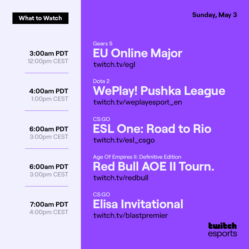 Sunday, May 3

Gears 5 EU Online Major /egl 3AM PDT /12 PM PDT

Dota 2 WePlay! Pushka League /weplayesport_en 4AM PDT / 1PM CEST

CS:GO ESL One: Road to Rio /esl_csgo 6AM PDT / 3PM CEST

Age Of Empires II: Definitive Edition  Red Bull AOE II Tourn.  /redbull  6AM PDT / 3PM CEST

CS:GO Elisa Invitational /blastpremier  7AM PDT /  4PM CEST