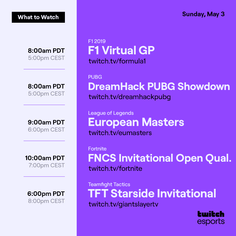 Sunday, May 3

F1 2019 F1 Virtual GP /formula1 8AM PDT / 5PM CEST
 
PUBG DreamHack PUBG Showdown /dreamhackpubg 8AM PDT / 5PM CEST

League of Legends European Masters /eumasters /9AM PDT / 6PM CEST

Fortnite FNCS Invitational Open Qual. /fortnite 10AM PDT / 7PM CEST

Teamfight Tactics TFT Starside Invitational /giantslayertv 6PM PDT/ 8PM CDT
