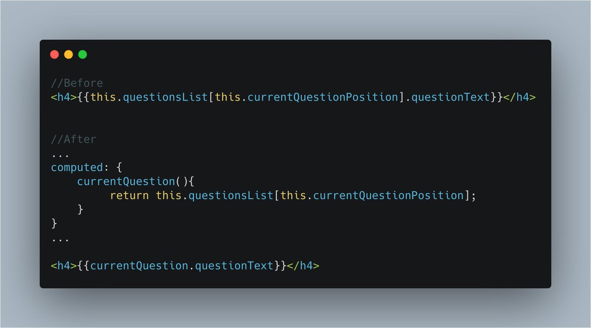 tushargugnani's tweet image. VueJS Computed properties are a great way to alias long code reference to a short one and also give it a meaningful name.
Note: This adds additional processing, so avoid using it on the properties that mutate a lot. #VueJSTips #VueJS