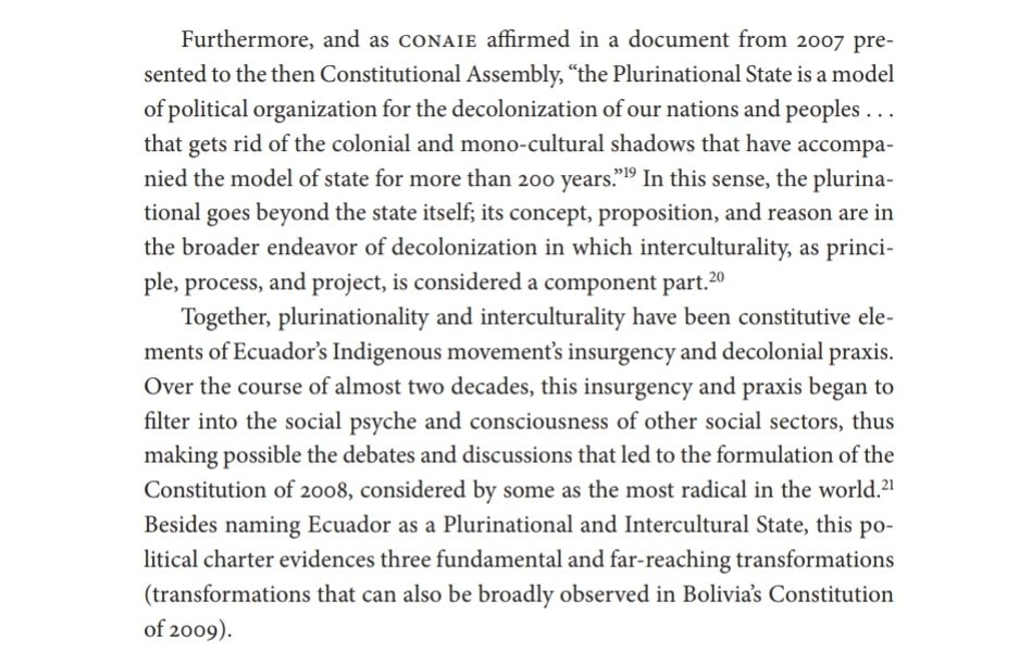 “the Plurinational State is a model of political organization for the decolonization of our nations and peoples . . . that gets rid of the colonial and mono-cultural shadows that have accompanied the model of state for more than 200 years.”