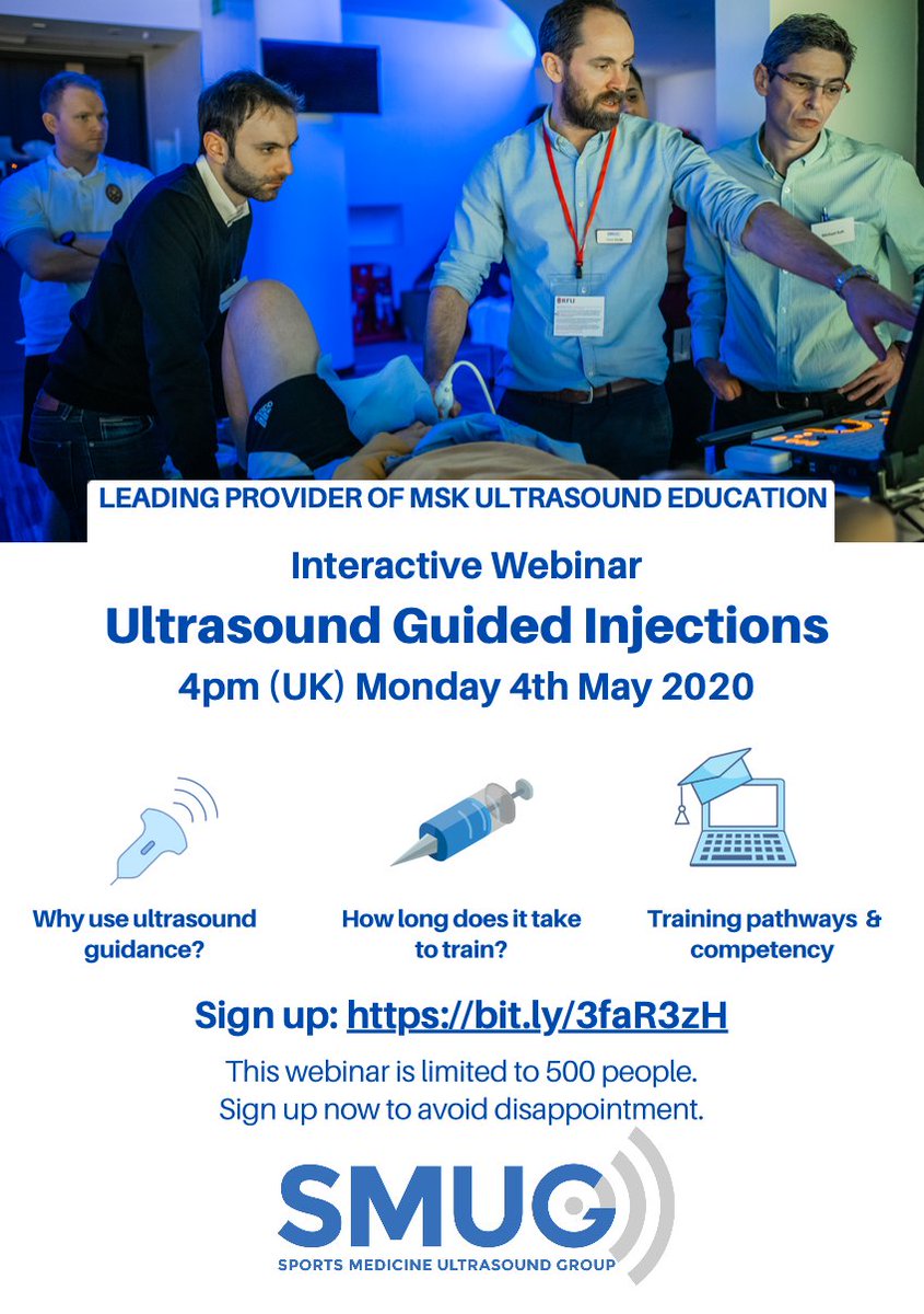 SMUGcourses's tweet photo. We are hosting a FREE webinar on how to get started in ultrasound guided injections tomorrow (Monday 4th May) at 4pm with @CMyersPhysio&@LorenzoMasci. Why do USGI's, training pathways & competency. We have over 300 attendees signed up - book now!!: https://t.co/uKx49xCkwm https://t.co/V5DvHHvYOD