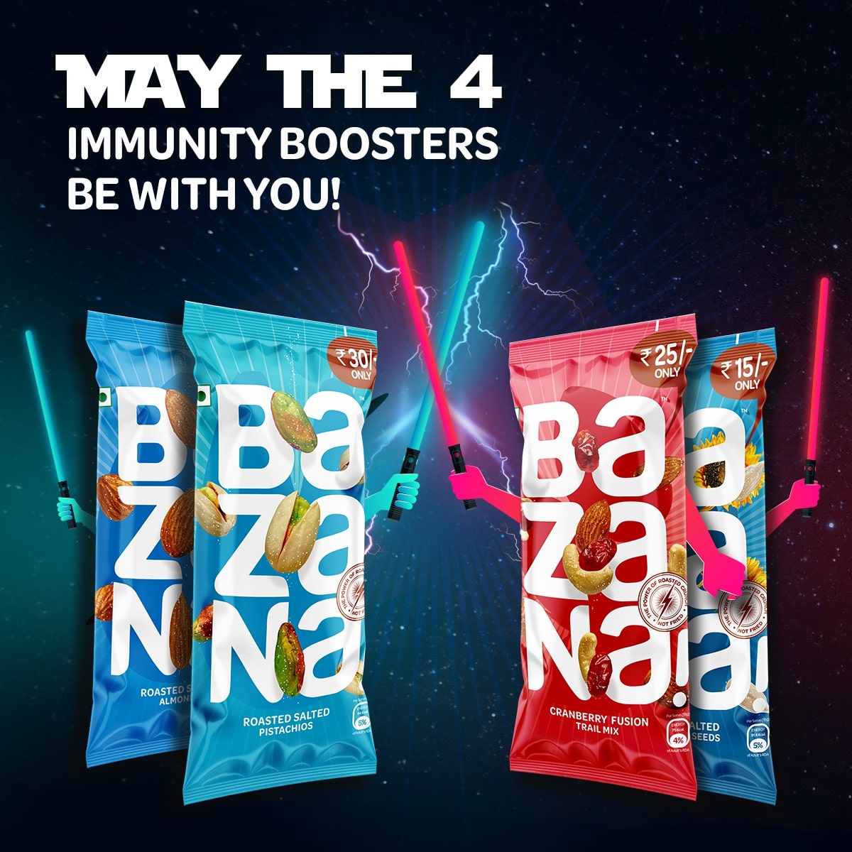 BazanaSnack's tweet photo. A long time ago, in a galaxy far far away, people started loving roasted snacks and trend continues even today!
Which of them is your favourite? Tell us in the comments.
#StarWarsDay #WhatsBuzzing #MayTheForceBeWithYou #ImmunityBoosters #ImmunityBoost #ImmunitySnacks #Buzz https://t.co/06z3IY3A6B