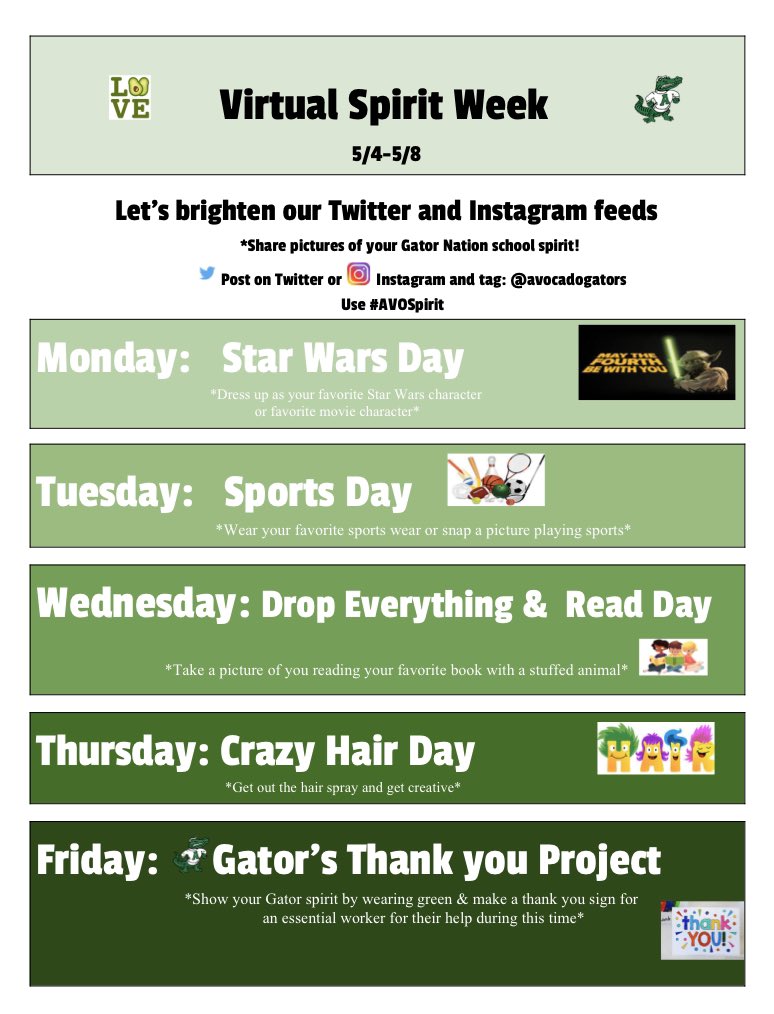 AvocadoPTA's tweet photo. 💻🥑🐊Virtual Spirit Week this week! Are you ready #AVGatorNation?
Follow these steps to participate:
1. Get parent’s permission
2. Take a photo
3. Tag @avocadogators in your post
4. Add Teacher’s name &amp; grade
5. Include #AVOSpirit
6. Double the prizes=Double the fun! https://t.co/afpD81LhEw