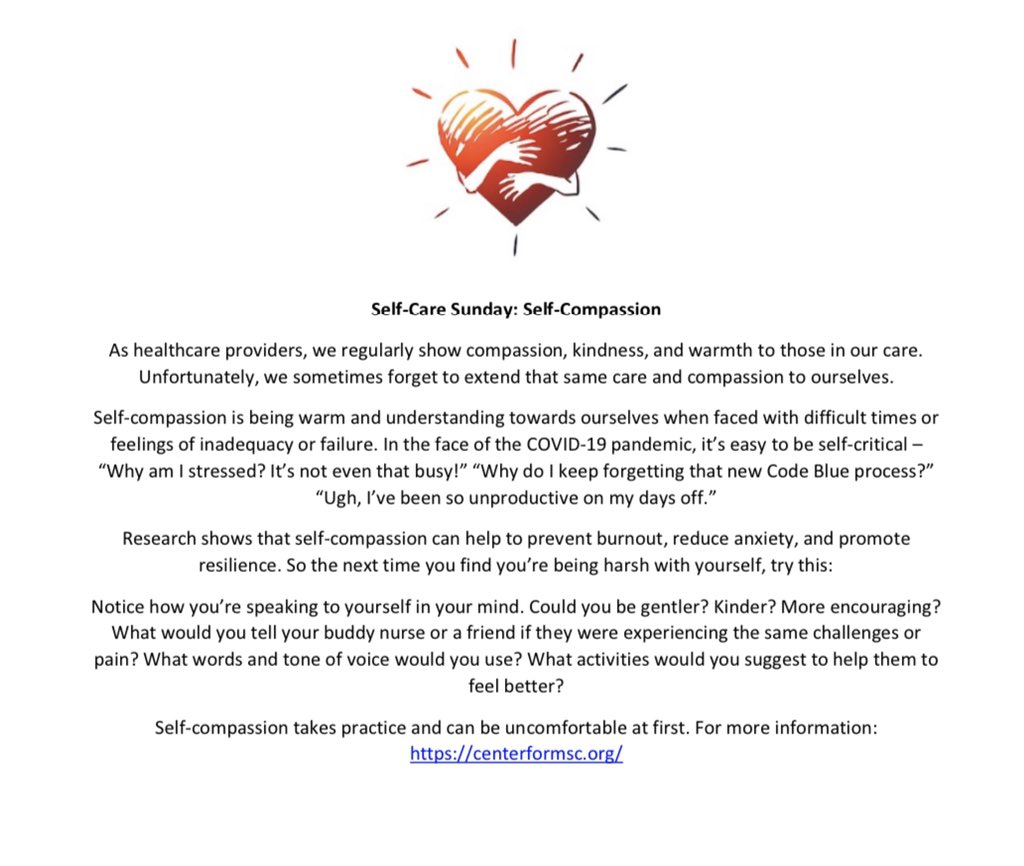 JennaCThomas's tweet photo. Healthcare professionals regularly show compassion, kindness, and warmth in caring for patients; but sometimes it can be hard to extend that kindness to ourselves. This #SelfCareSunday we focus on the importance of #SelfCompassion. For more info visit https://t.co/MBn8TiRCuD https://t.co/eX8gBuTgrc