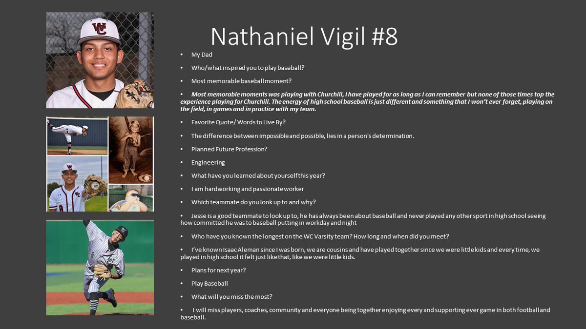 On day 4 of Sr Spotlight we salute #8 Nathaniel Vigil.  Dual Sport Athlete FB/BSB.  Academic All District.  P/OF for the Chargers.  What Coaches have to say about Nate.  "Loyal, versatile, hard worker and always puts the team first." Thanks Nate for all you given to our program.