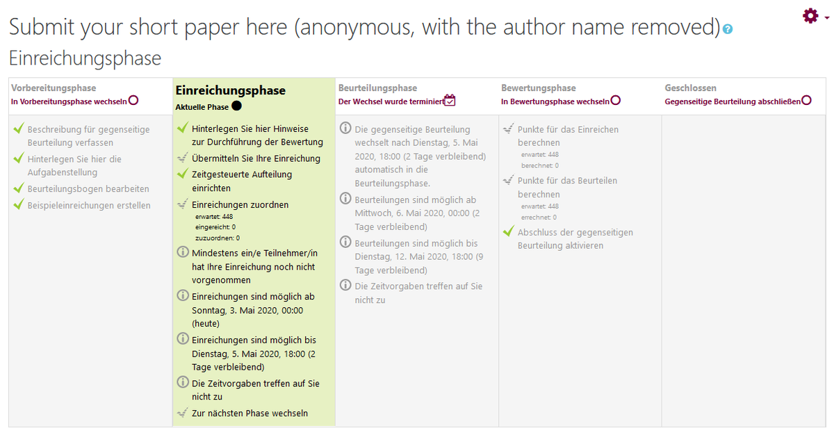 MMagdowski's tweet photo. Ich habe heute für unser #NonTechnicalProjectSeminar zum wissenschaftlichen Schreiben eine gegenseitige Begutachtung im #Moodle-Kurs angelegt.
Das ist wirklich sehr cool, weil man ein Mustereinreichung und Musterbewertung zum Üben des anonymen #PeerReview|s vorgeben kann. https://t.co/bqckLn64YZ