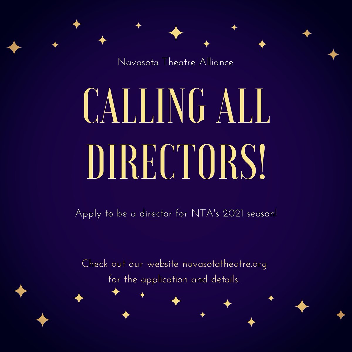 NTAonstage's tweet photo. NTA is searching for amazing directors to be a part of our 2021 season! Application is on our website: https://t.co/pULDeKzxZG https://t.co/Mtv0JvurLg