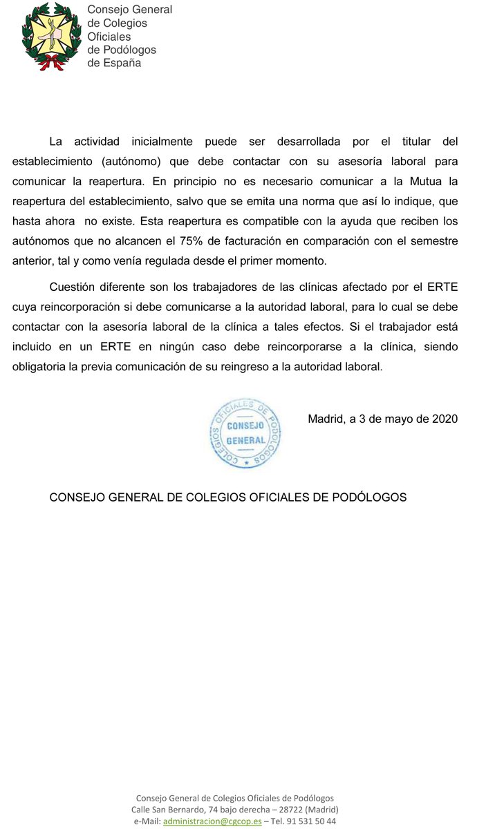 ICOPCV's tweet photo. ℹ️😷 Comunicado del @CGPodologos sobre la apertura de Centros de #Podología.
#CGCOP
#icopcv #salud #COVIDー19
#reabrimos #clínicas #consultas #podologia
#desescalada #fase0 https://t.co/Vn8QzDsLEh