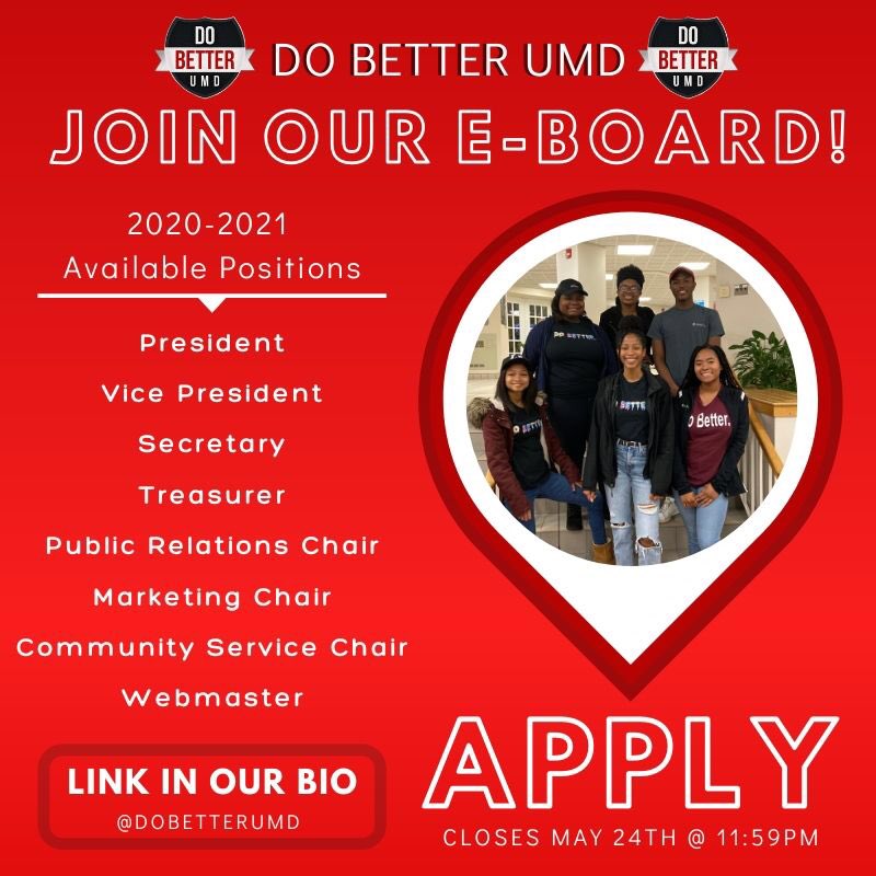APPLY FOR OUR 2020-2021 E-BOARD!!

Become a leader by serving your community in and outside of campus. 
APPLY TODAY: 👇🏾

docs.google.com/forms/d/e/1FAI…
