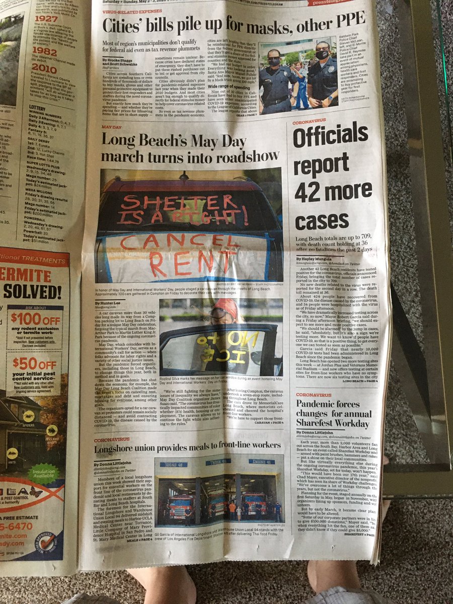 BeSweetLBC's tweet image. Over 65 cars, more than 1/2 with two + people in the car and @presstelegram puts the @MayDayLB Covid Safe Car Caravan on page two and under counts our turnout by half, while much smaller actions by conservatives not being safe and calling for all of us to die made page 1 🤷🏻‍♂️