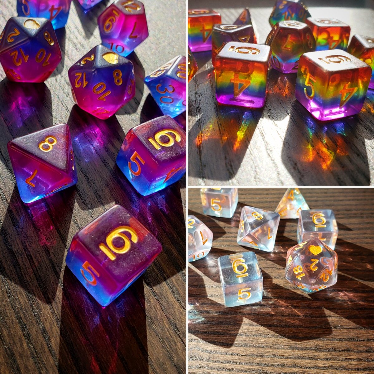 jayafrica's tweet photo. Got some nice sun through the windows, so here are photos of some of my favorite dice: #trans #pride and #bi sets by @HeartBeatDice
#lgbtq #ally #mathrocks #d20 #table #rpg #gamer #gaming #polyhedrons https://t.co/AGIETiO5PN