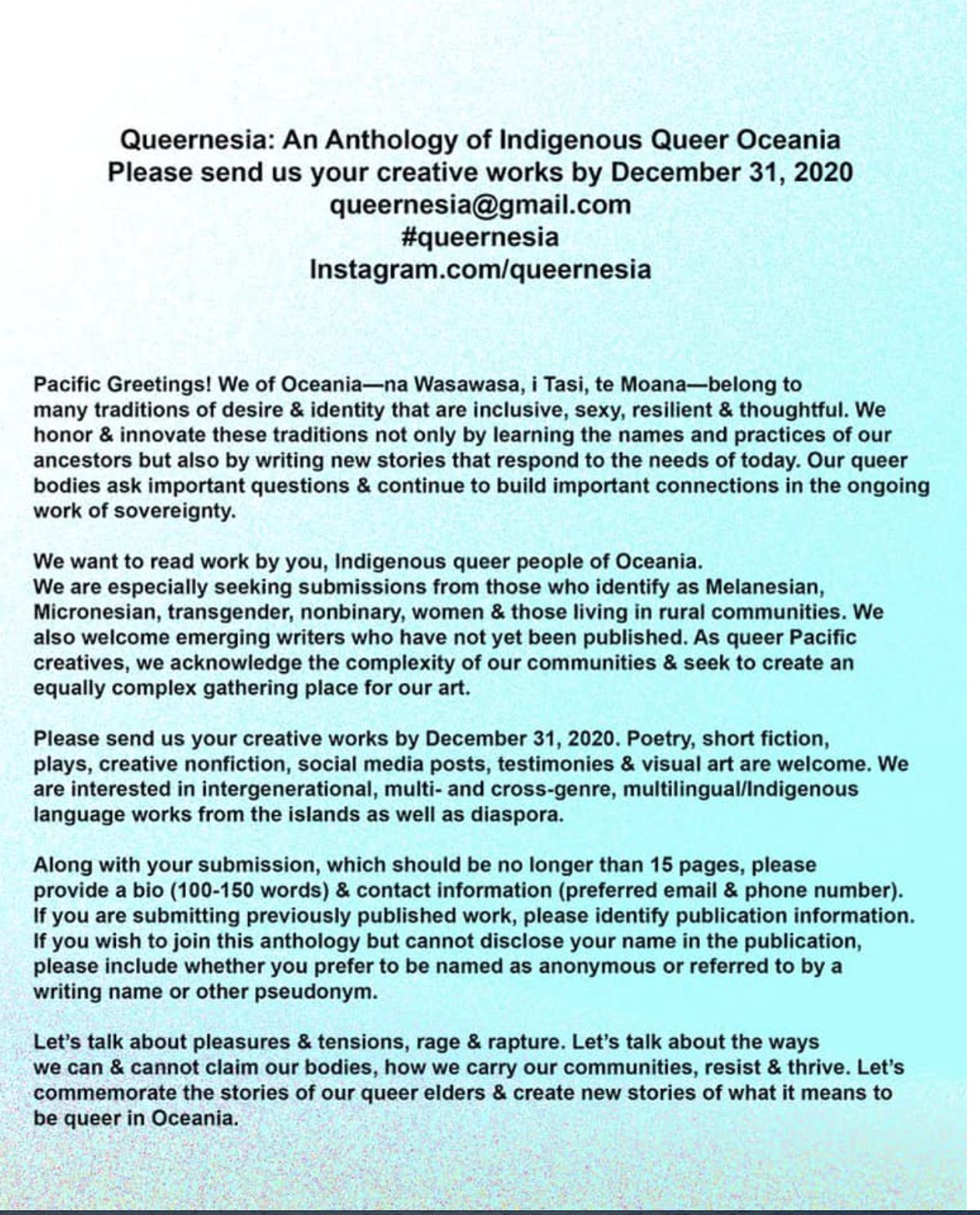 Craig Santos Perez Happy To Share The Submission Call For Queernesia An Anthology Of Indigenous Queer Oceania Literature Edited By i Qolouvaki Leiana Naholowa A Dan Taulapapa Mcmullin And Noʻu Revilla Craig Santos Perez Happy To Share The Submission Call For Queernesia An Anthology Of Indigenous Queer Oceania Literature Edited By i Qolouvaki Leiana Naholowa A Dan Taulapapa Mcmullin And Noʻu Revilla