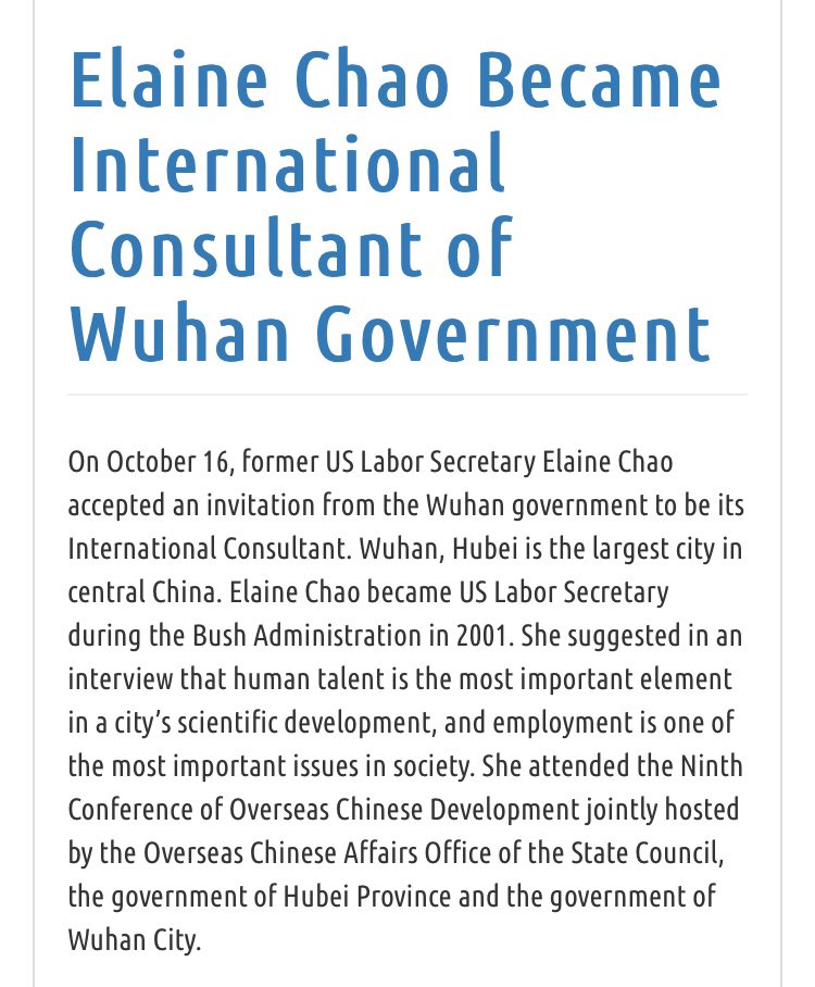 Elaine Chao Became International Consultant of Wuhan Government  http://chinascope.org/archives/1083&nbsp;