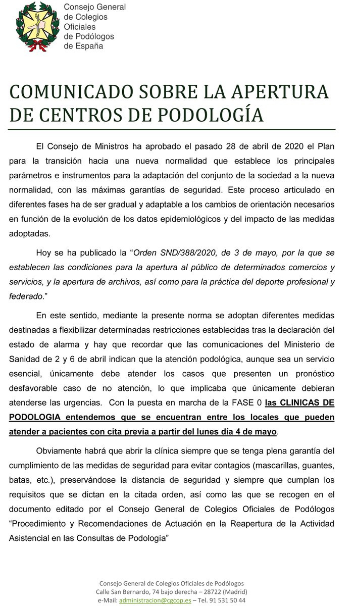 PodologosCa's tweet photo. ✋👀 COMUNICADO SOBRE LA APERTURA DE CENTROS DE PODOLOGÍA del @CGPodologos
#CGCOP
#copoca #salud #COVIDー19
#desescalada #fase0 #reapertura #citaprevia #consultas #clínicas #podologia https://t.co/KllnEvQf9k