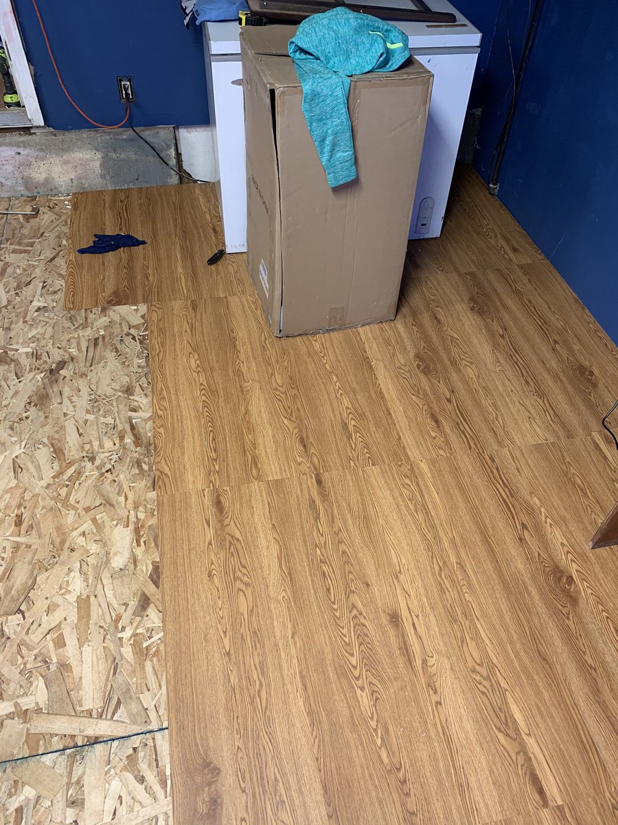 dopeycaveman's tweet photo. The game room is coming along everyone. Finally got the flooring I ordered and the led lights! Awaiting the gaming pc. So the flooring is going in now! I will be live later! #caveden https://t.co/KWDXj04cMQ