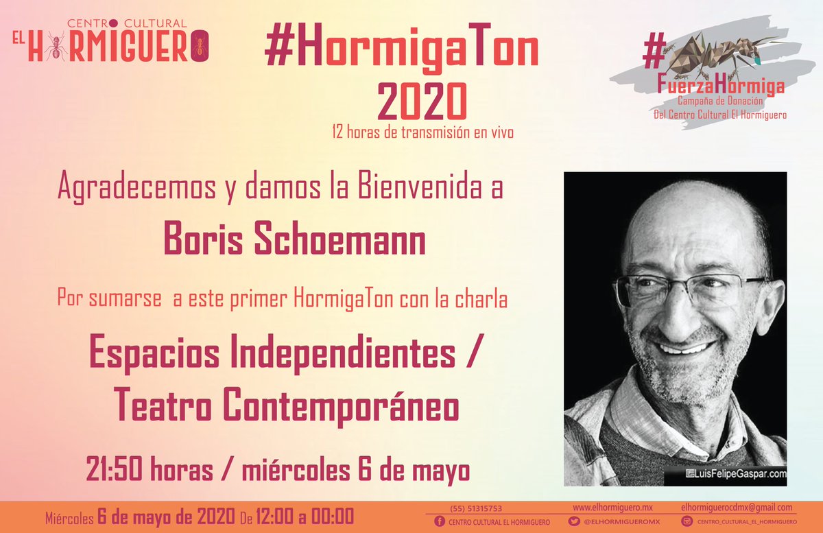 ElHormigueroMx's tweet photo. 📍Bienvenido a Boris Schoemann al1er HormigaTon.
Te esperamos este miércoles 6 de mayo desde las 12 del medio día. 12 horas de transmisión en vivo.
¿Nos ayudas a compartir?
Dona.
https://t.co/UO1u3UVSai
Cualquier aportación es buena.
#FuerzaHormiga
#Teatro
#FuerzaMexico #Covid19 https://t.co/keeXiYvsv6