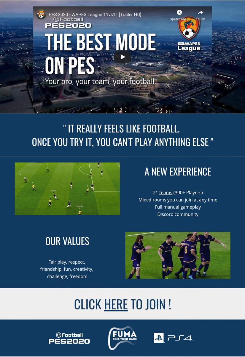 We are proud to announce our new website for the community. We hope it can bring visibility to 11v11 mode (like Club Pro but with PES gameplay!) 

Play with your friends and feel like you are together on the pitch. Your pro, your team, your football !

🌟wapesleague.com🌟