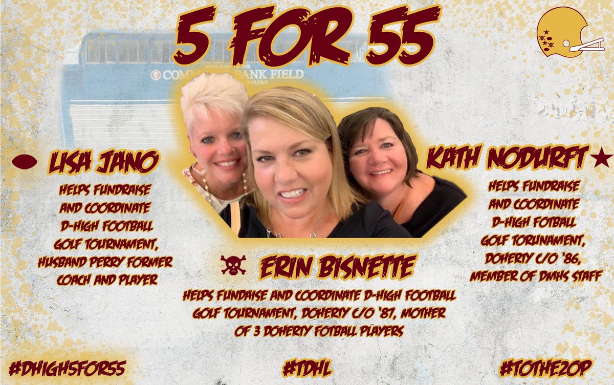 DohertyFootball's tweet photo. The next honorees for #5for55 are Kath Nodurft, Erin Bisnette, and Lisa Jano! These 3 women have helped organize and plan numerous fundraisers that have supported our program for many years.......Thank you Kath, Erin, and Lisa! #5for55 #TDHL https://t.co/EkjDdFjnL6