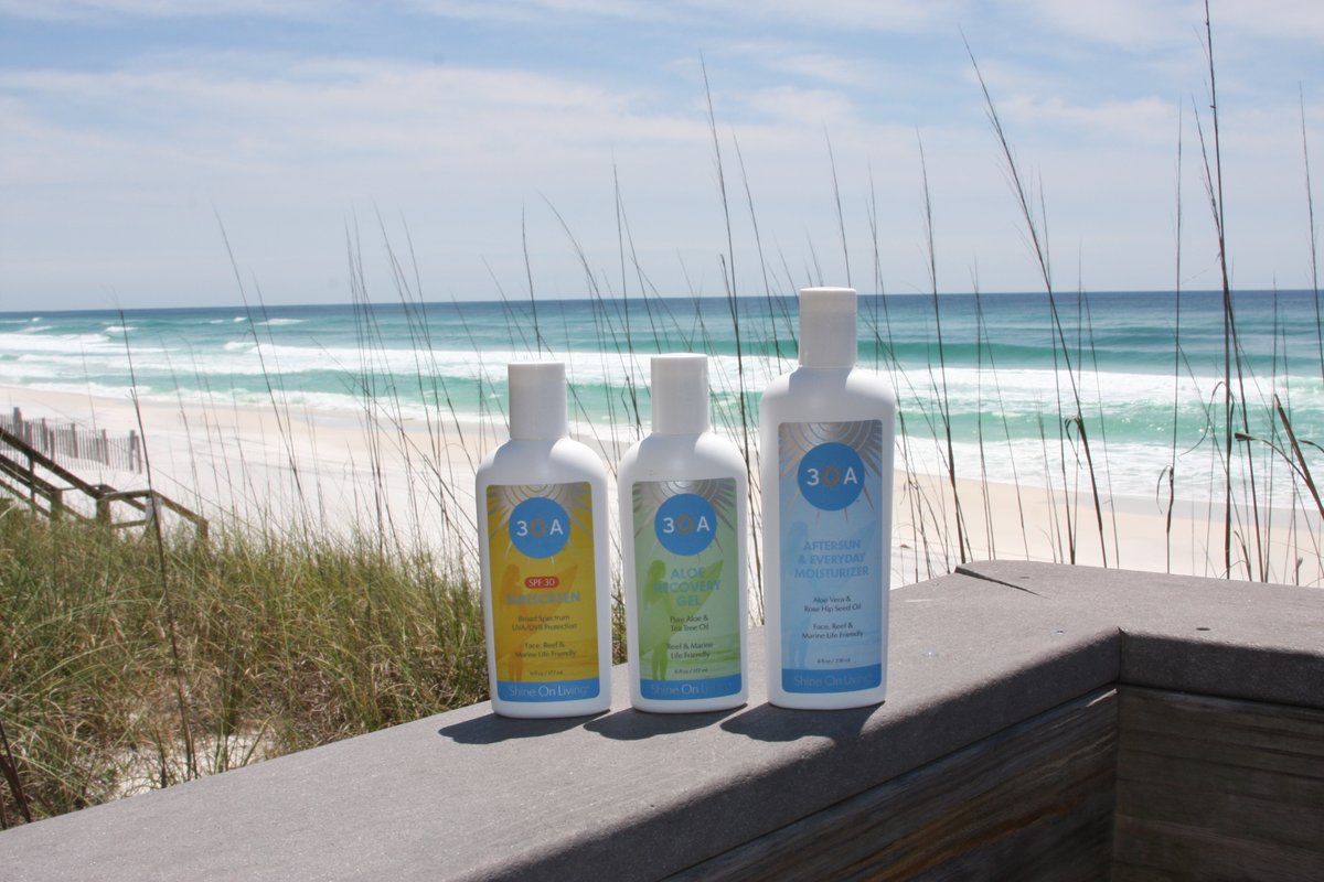 Shine On Living &amp; 30A are working together to help protect our fragile marine ecosystems and your skin! Check out our natural mineral SPF, pure Aloe Recovery Gel and Aftersun Moisturizer.