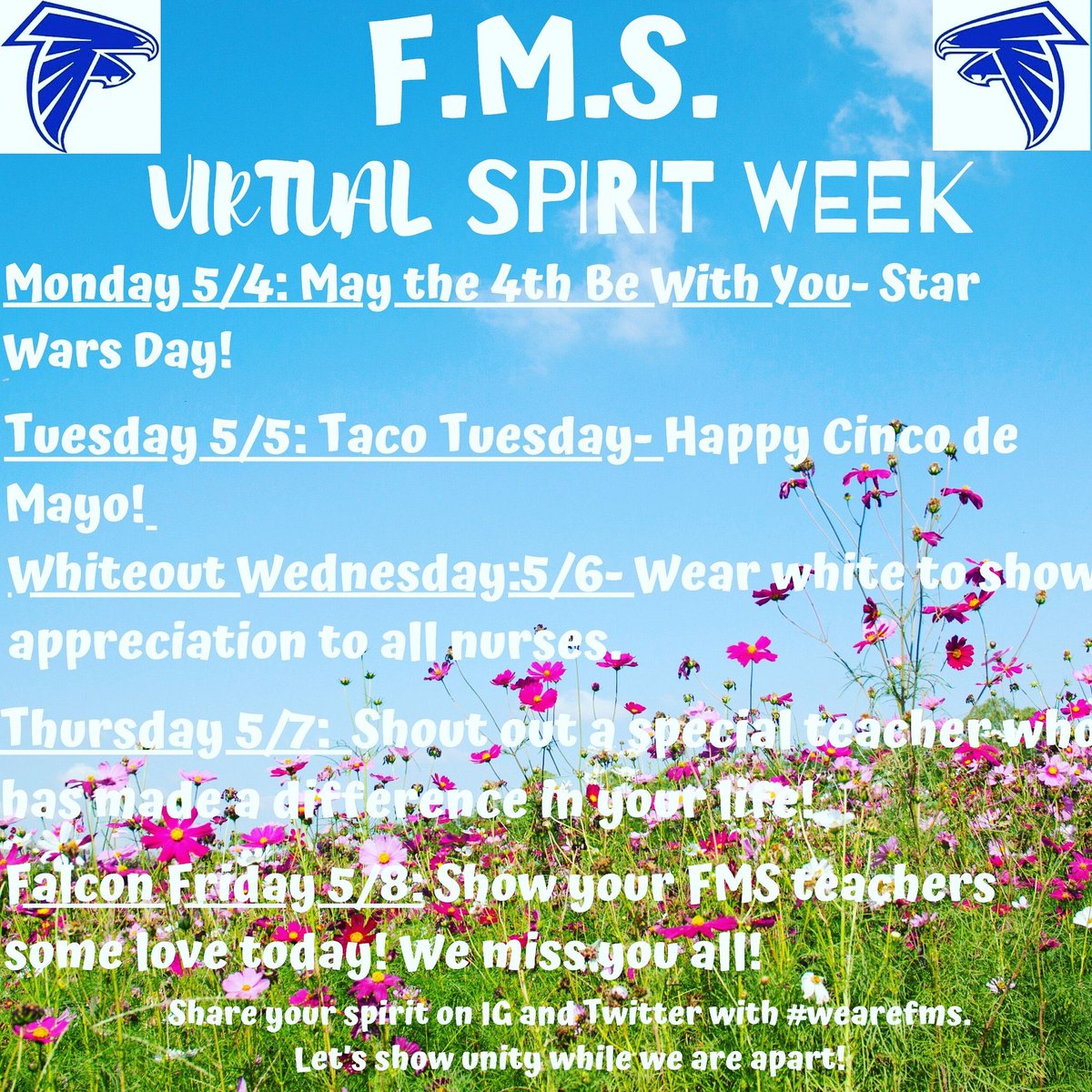 NicoleFancera's tweet photo. Virtual Spirit Week #8!! Lets keep this going FMS! Don’t forget to thank a teacher this week. =) #teacherappreciationweek @FordsMiddleWTSD @MeganFurrevig @laurenogonowski #wearefms #falcons https://t.co/zkvrBk7sRF