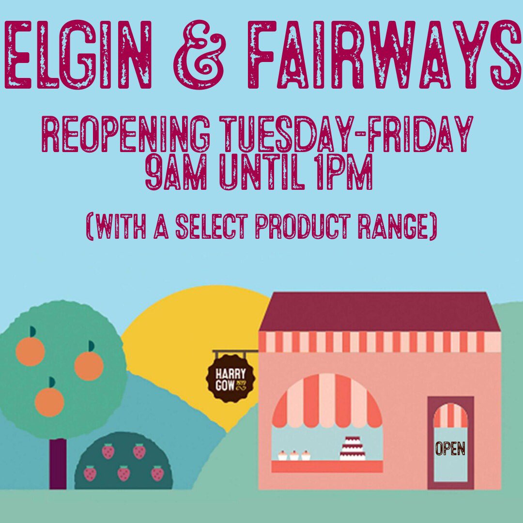 The good food news keeps on coming! 🎉 
The Harry Gow team are delighted to announce that from Tuesday 5th of May, our Elgin and Fairways stores will be reopening! 
You can visit us Tuesday-Friday between 9am and 1pm to indulge in a selection of your Harry Gow favourite products!