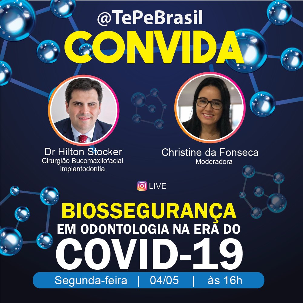 TePeBrasil's tweet photo. Segunda-feira é dia de live!
Assista no Instagram
https://t.co/hfu4C6mUBP

Às 16h receberemos o @drhdstocker para um super papo sobre biossegurança em odontologia na era do COVID-19.

Participe conosco! https://t.co/pViKJdIBzu