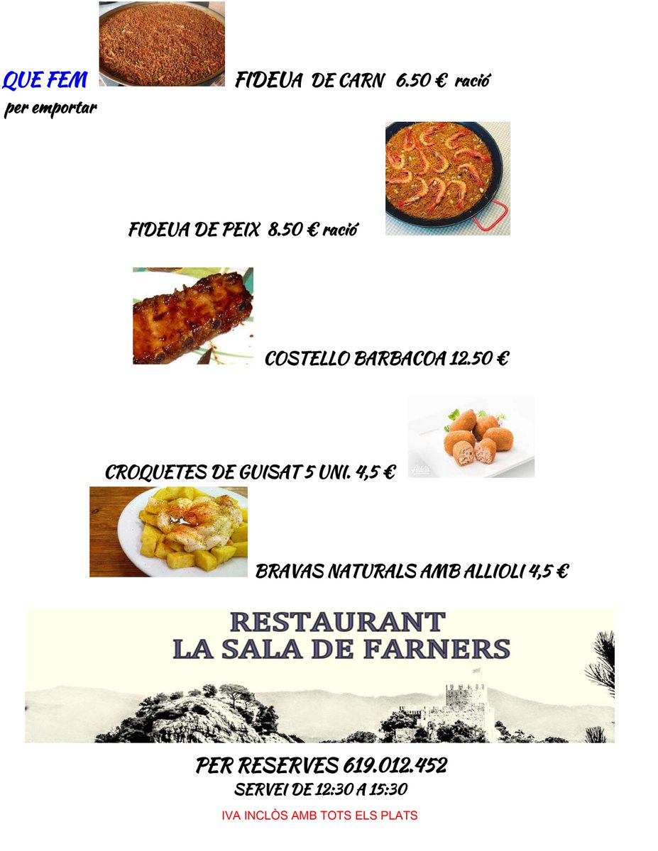 Lasaladefarners's tweet photo. LA SALA DE FARNERS 
A partir de demà dilluns 4 de maig plats per emportar 
només reserves   Telf .reserves 619.012.452 
servei de 12:30 a 15:30
i a partir de dilluns 11 de maig  servei de dinars i sopars a la terrassa properament publicarem els menus https://t.co/7LRYYTpurG