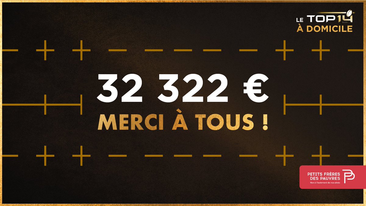 ❤️ #TOP14aDomicile 🏉
Encore MERCI ! 🙏

Grâce à vos dons et à <a href="/GMF_assurances/">GMF</a> la cagnotte pour les <a href="/PFPauvres/">Petits Frères des Pauvres</a> s'élève ce soir à 32 322€ !

La cagnotte reste ouverte si vous voulez faire un don👉 bit.ly/3aPJmvj