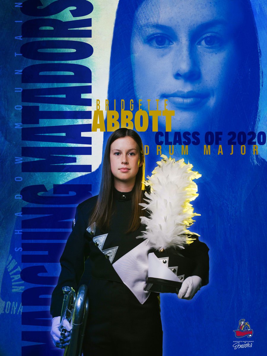 SMHSBandBooster's tweet photo. Today we salute our Drum Major, Bridgette Abbott. A four-year member of the #MarchingMatadors, Bridgette has been a leader not just on the field/podium but also in her academic and other extracurricular pursuits. #KeepLookingUp, Bridgette!! #PVSchools #WeAreMatadors #Classof2020 https://t.co/949W6BX3zt