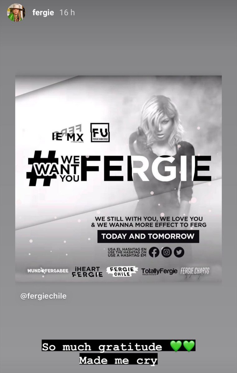 FergieChile's tweet photo. Ayer logramos que @Fergie nos escuchara! Hoy seguiremos haciendo ruido con #WeWantYouFergie!! 🙌❤️ ¡ÚNETE!

14:00 pm: Los Angeles
16:00 pm= Mexico, Perú
17:00 pm = Chile, New York
18:00 pm = Brazil, Argentina
23:00 pm = España https://t.co/XOOMqaFnjp
